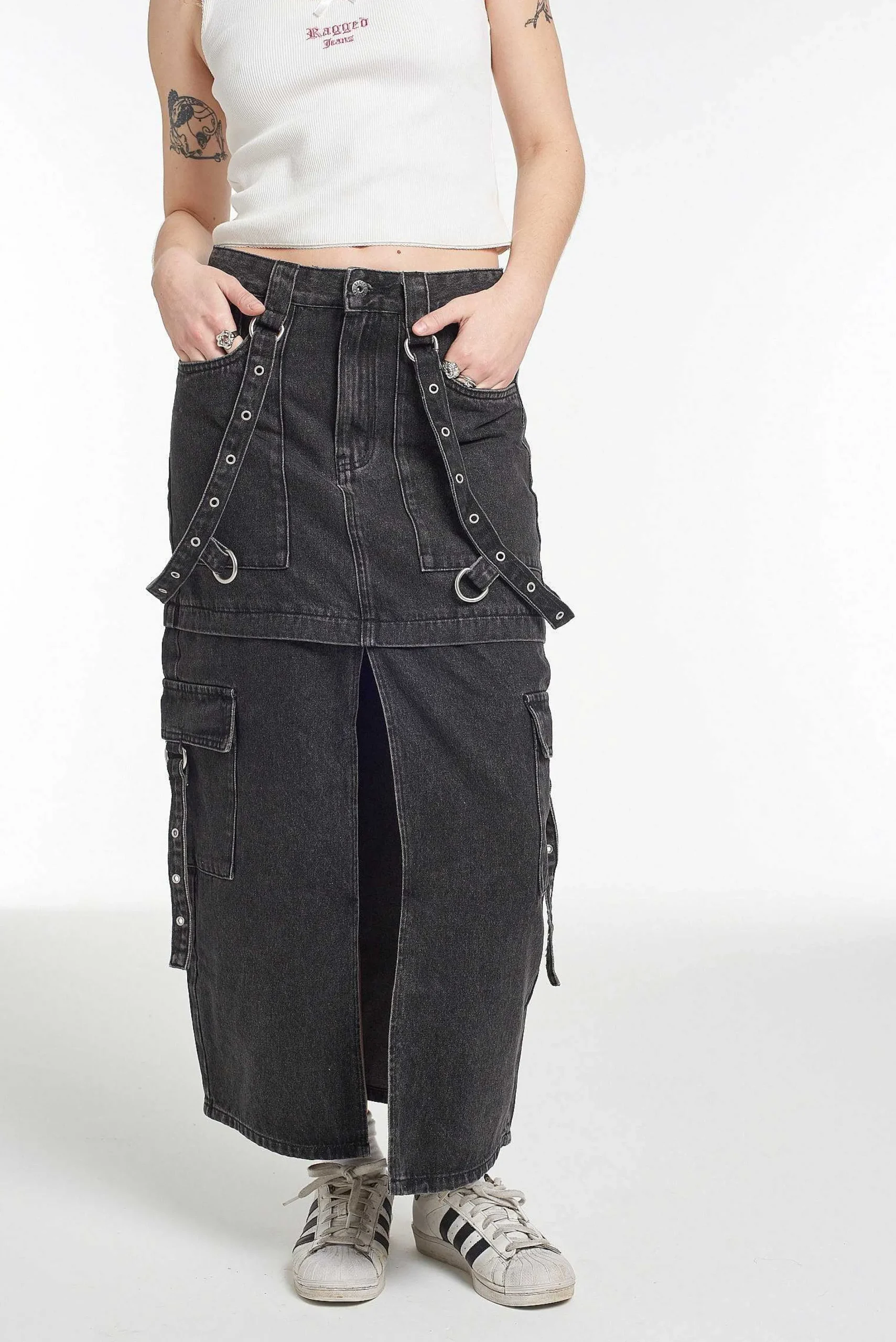 Bondage Denim Midi Skirt Black