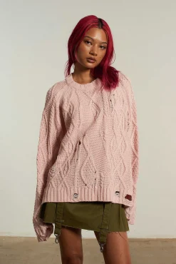 Distressed Cable Knit Pink