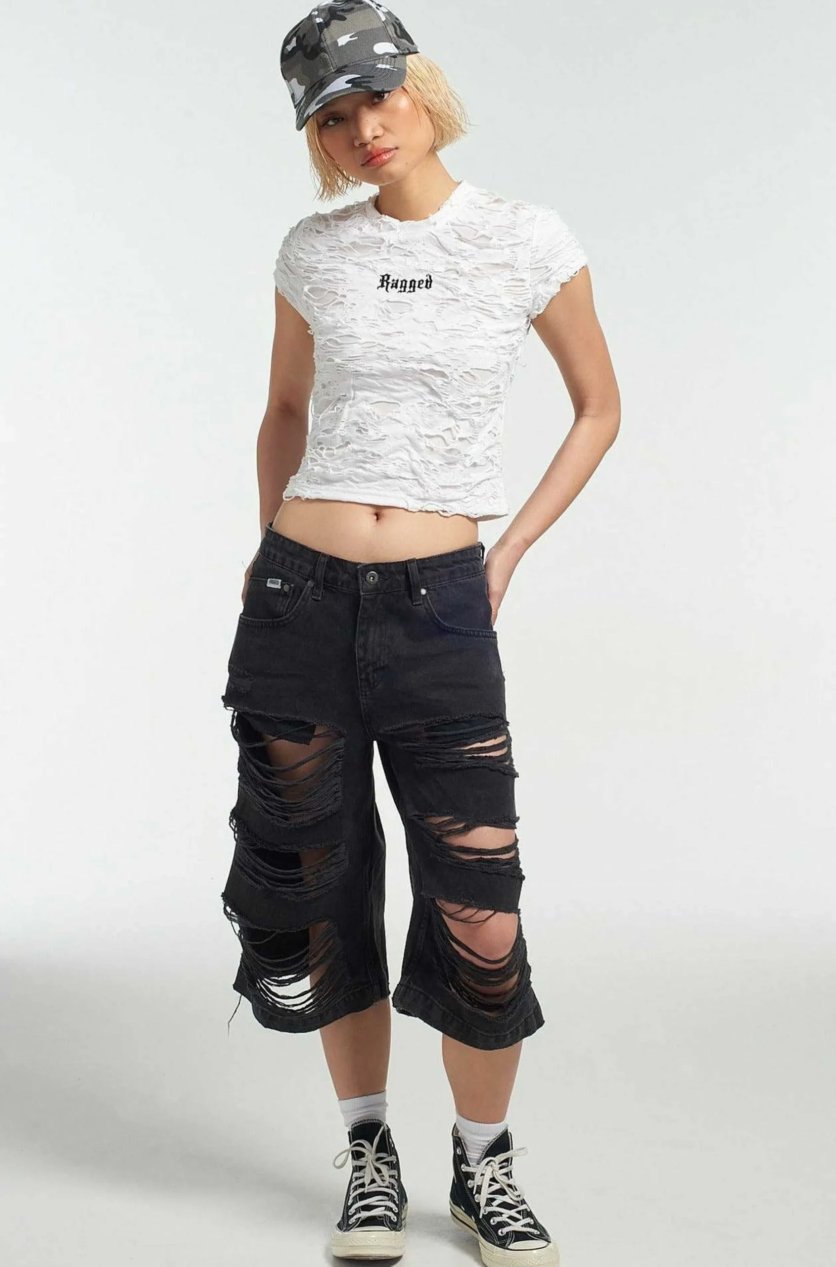 Ragged White Shredded Baby Tee