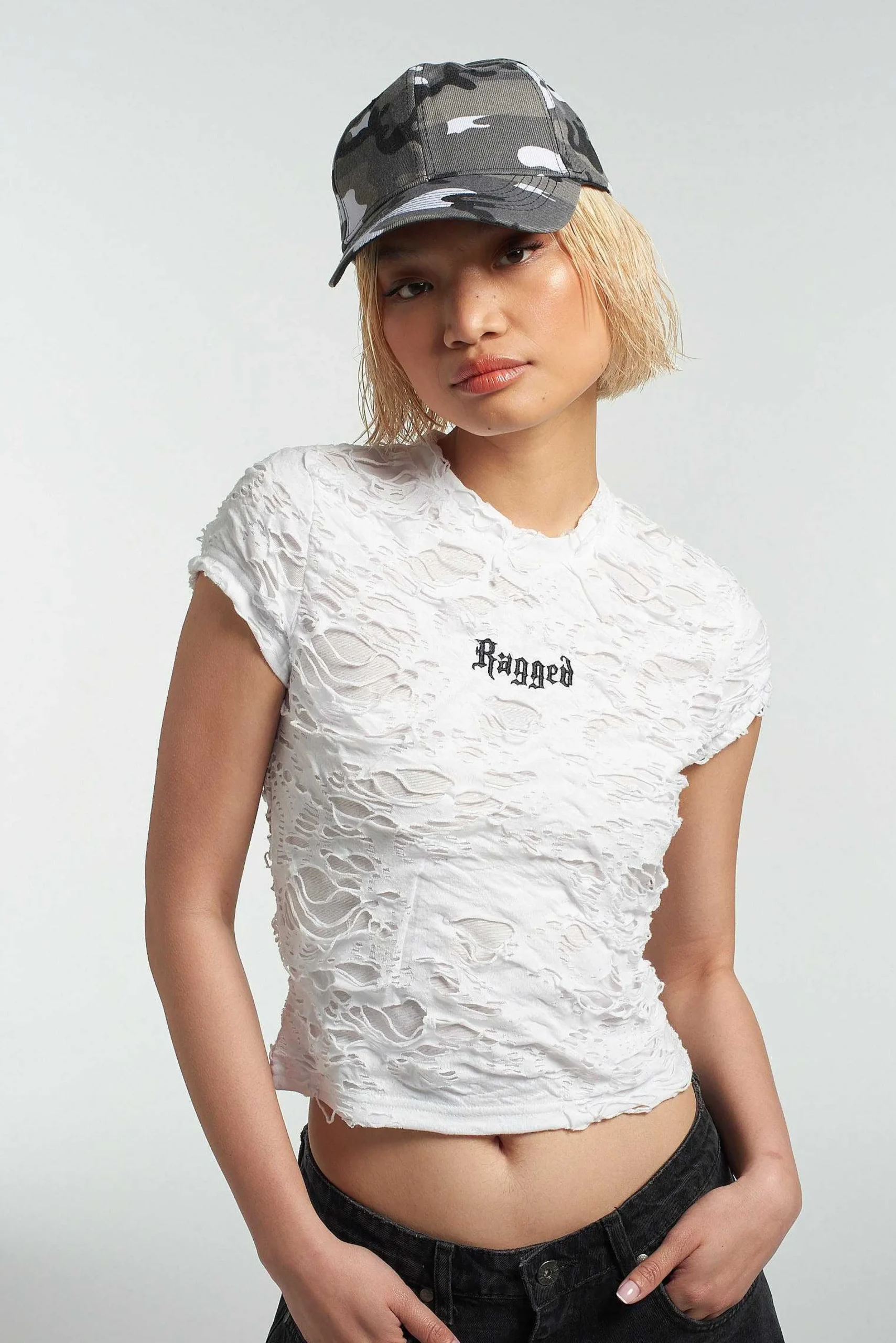 Ragged White Shredded Baby Tee