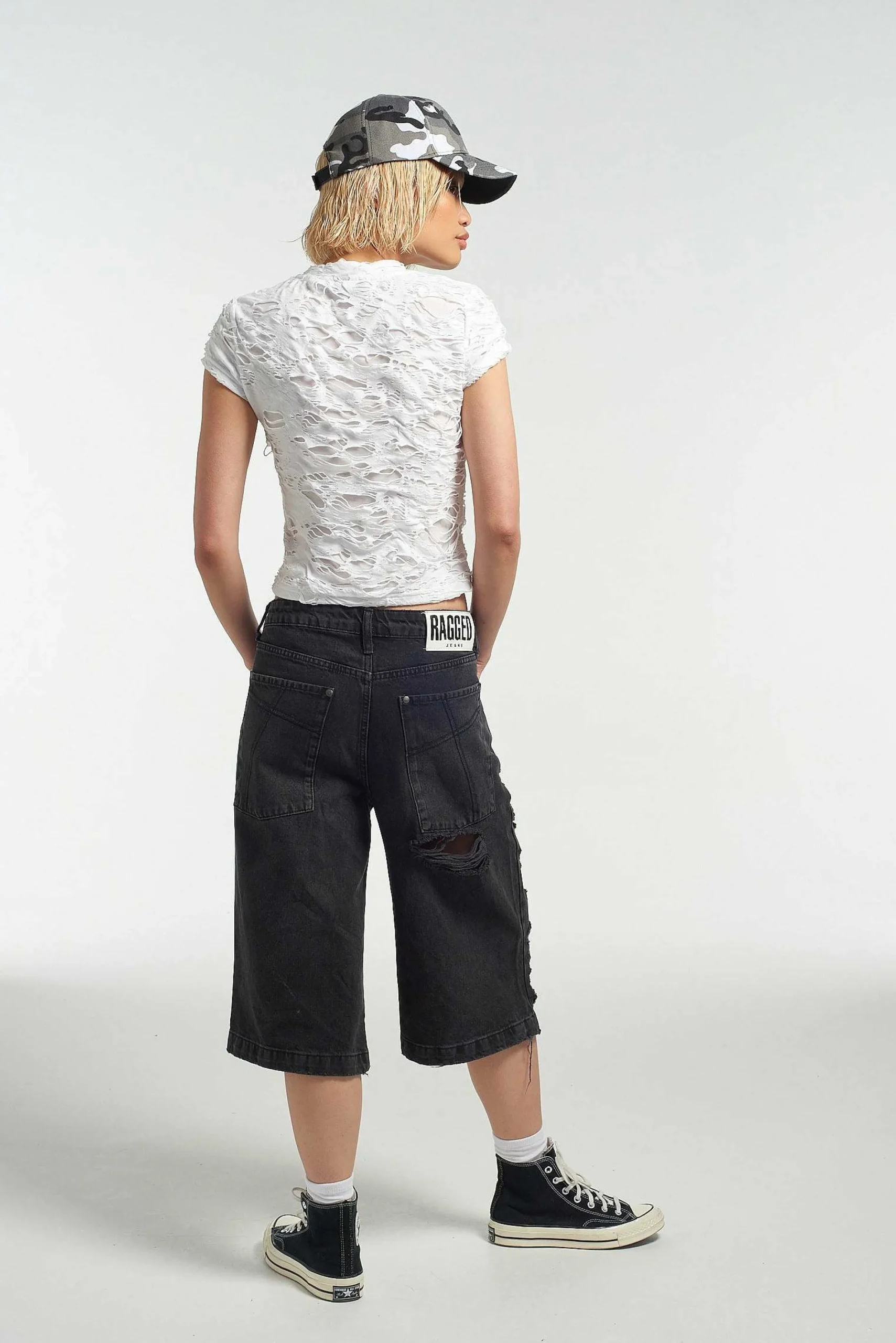 Ragged White Shredded Baby Tee