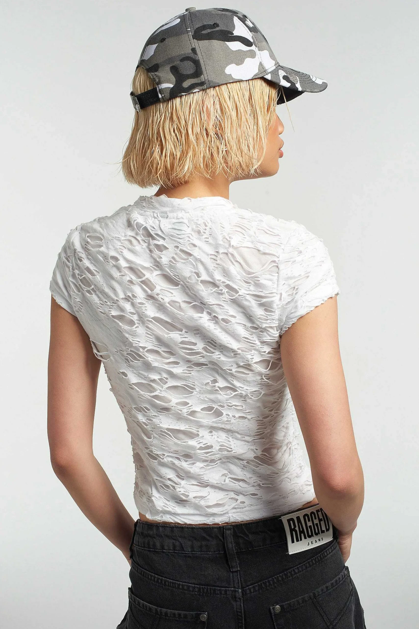 Ragged White Shredded Baby Tee