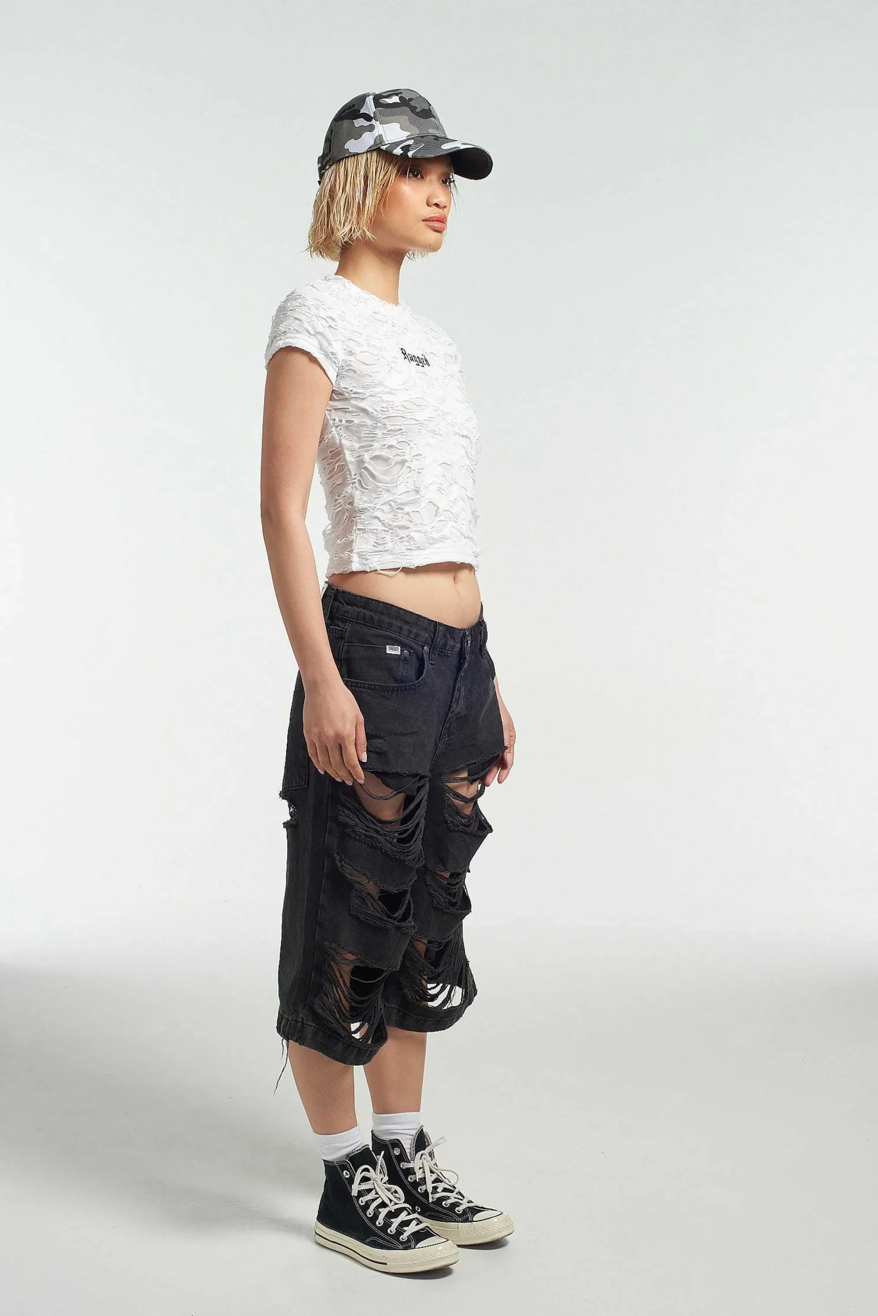 Ragged White Shredded Baby Tee