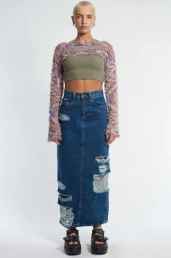 Shredder Distressed Denim Maxi Skirt