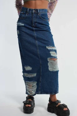 Shredder Distressed Denim Maxi Skirt