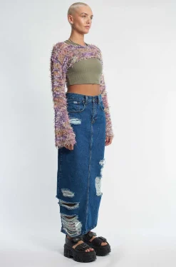 Shredder Distressed Denim Maxi Skirt
