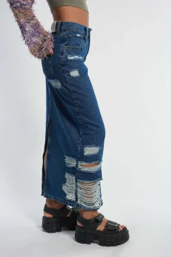 Shredder Distressed Denim Maxi Skirt