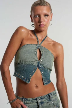 Siren Stud Halter Denim Top