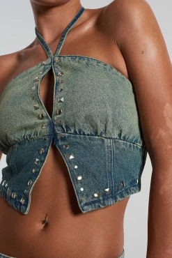 Siren Stud Halter Denim Top