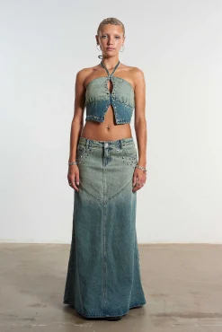Siren Stud Halter Denim Top