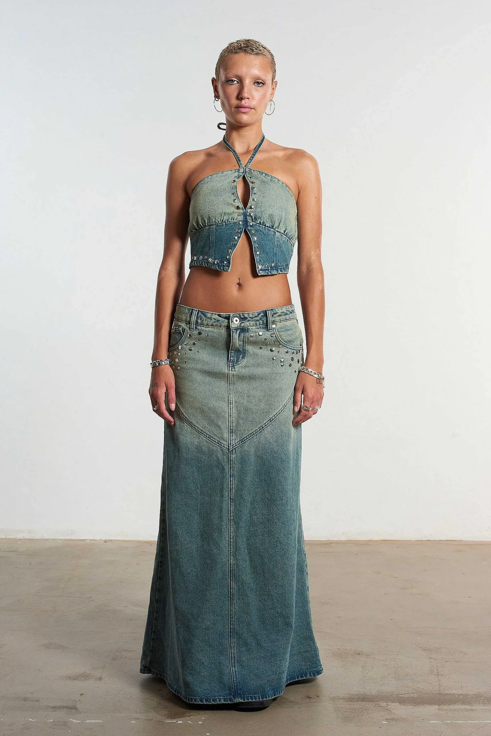 Siren Stud Halter Denim Top